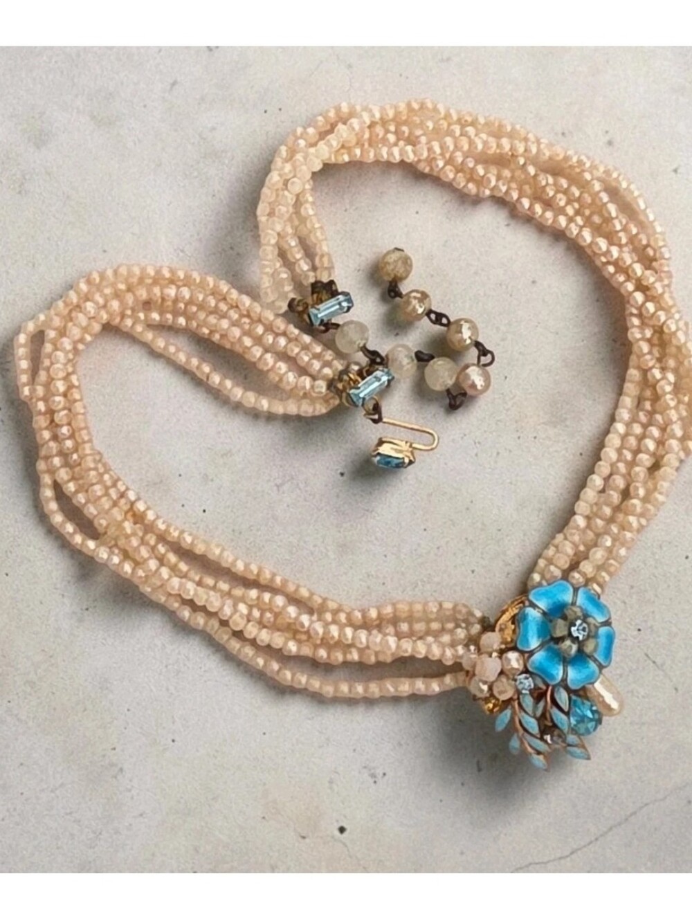 Vintage Signed EUGENE Schultz MultiStrand Faux Pearl Blue Enamel Floral Necklace